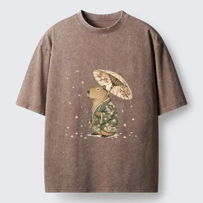 Tokyo-Tiger Relaxed Capybara Spring Sakura Kimono Art Washed T-Shirt