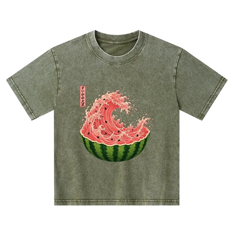 Tokyo-Tiger Watermelon Wave Summer Ukiyo Art Kids Washed T-Shirt