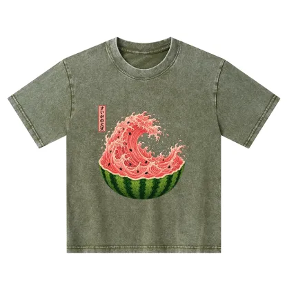 Tokyo-Tiger Watermelon Wave Summer Ukiyo Art Kids Washed T-Shirt