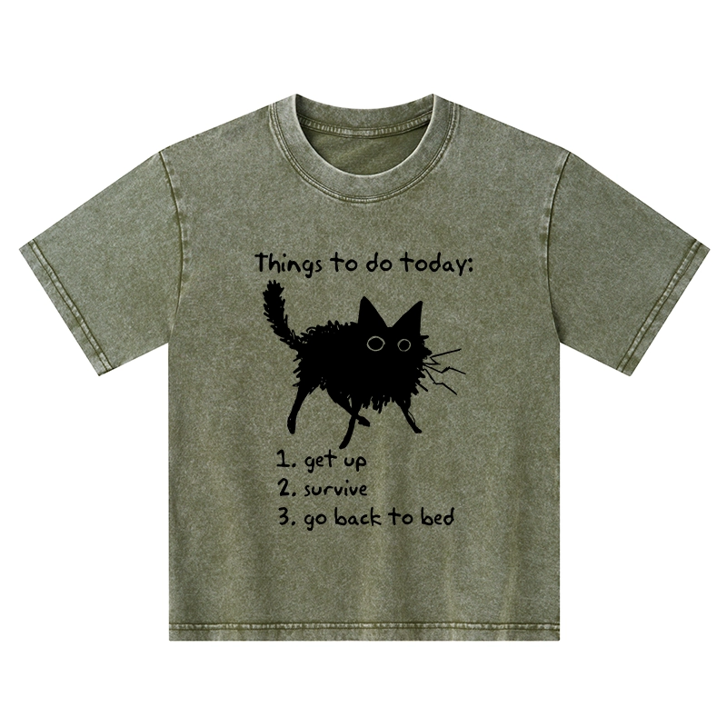 Tokyo-Tiger Lazy Cat Survive Day Funny Meme Kids Washed T-Shirt
