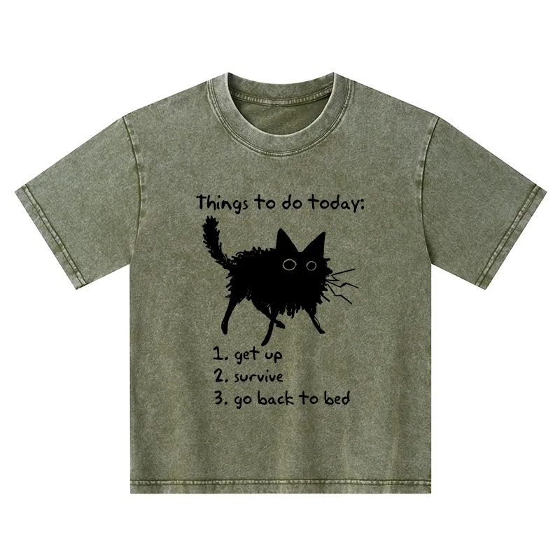 Tokyo-Tiger Lazy Cat Survive Day Funny Meme Kids Washed T-Shirt