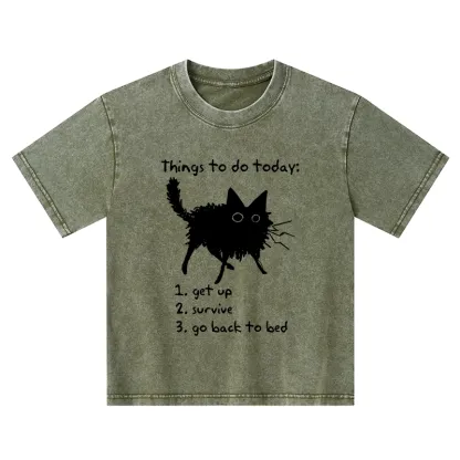 Tokyo-Tiger Lazy Cat Survive Day Funny Meme Kids Washed T-Shirt