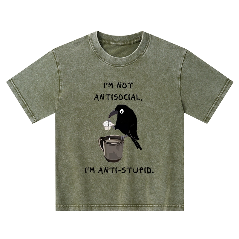 Tokyo-Tiger Cool Crow Sips Calm Coffee Alone Kids Washed T-Shirt