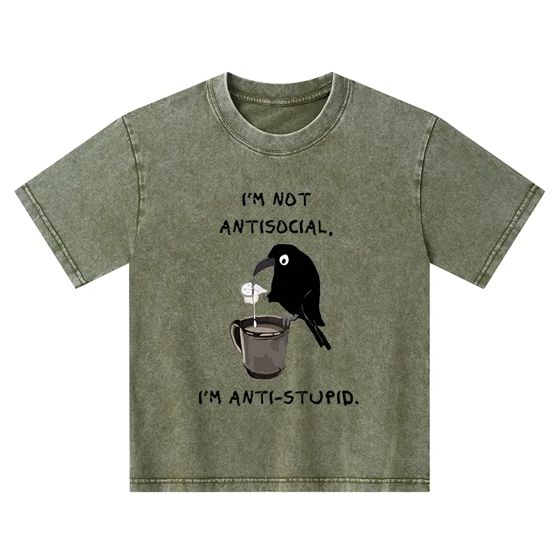 Tokyo-Tiger Cool Crow Sips Calm Coffee Alone Kids Washed T-Shirt