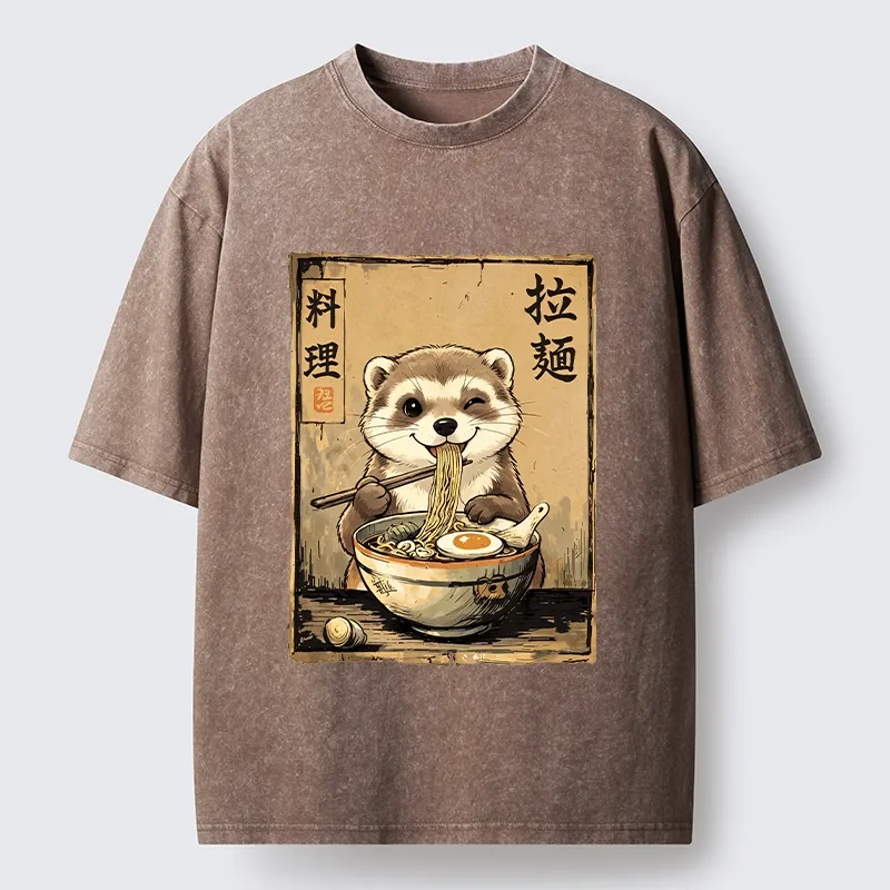 Tokyo-Tiger Ferret Eating Hot Ramen Washed T-Shirt