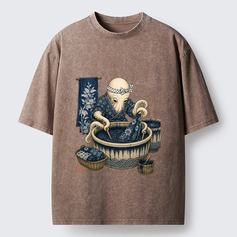Tokyo-Tiger Kimono Dye Octopus Art Washed T-Shirt