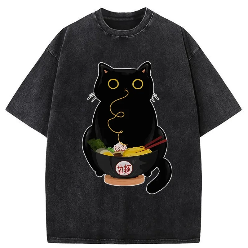 Tokyo-Tiger Ramen-Loving Cat Washed T-Shirt