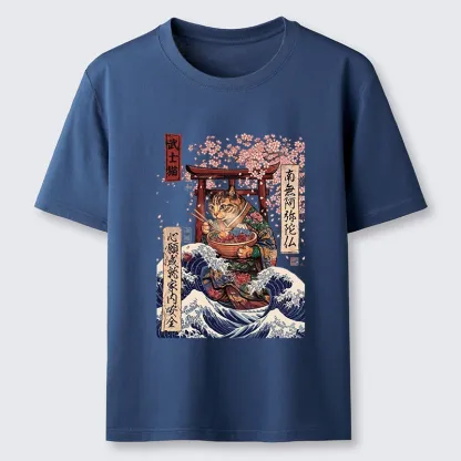 Tokyo-Tiger Samurai Cat Eating Noodles Wave Scene Classic T-Shirt