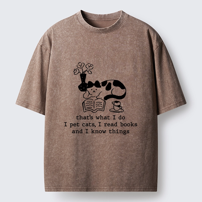 Tokyo-Tiger Book Loving Coffee Cat Washed T-Shirt