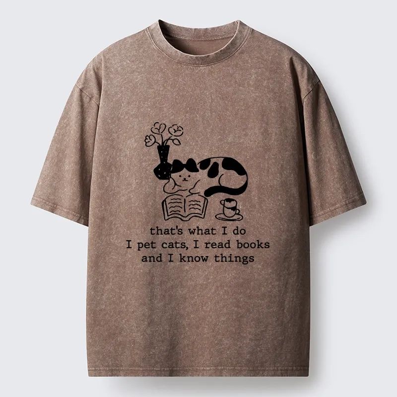 Tokyo-Tiger Book Loving Coffee Cat Washed T-Shirt