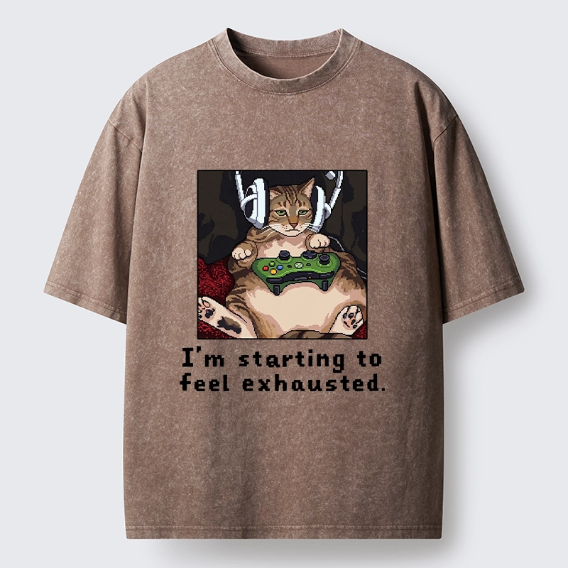 Tokyo-Tiger Exhausted Gamer Cat Washed T-Shirt