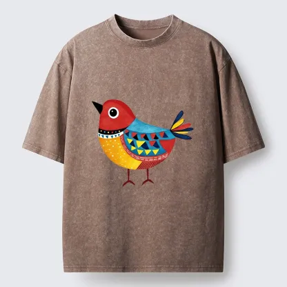 Tokyo-Tiger Folk Art Color Bird Washed T-Shirt