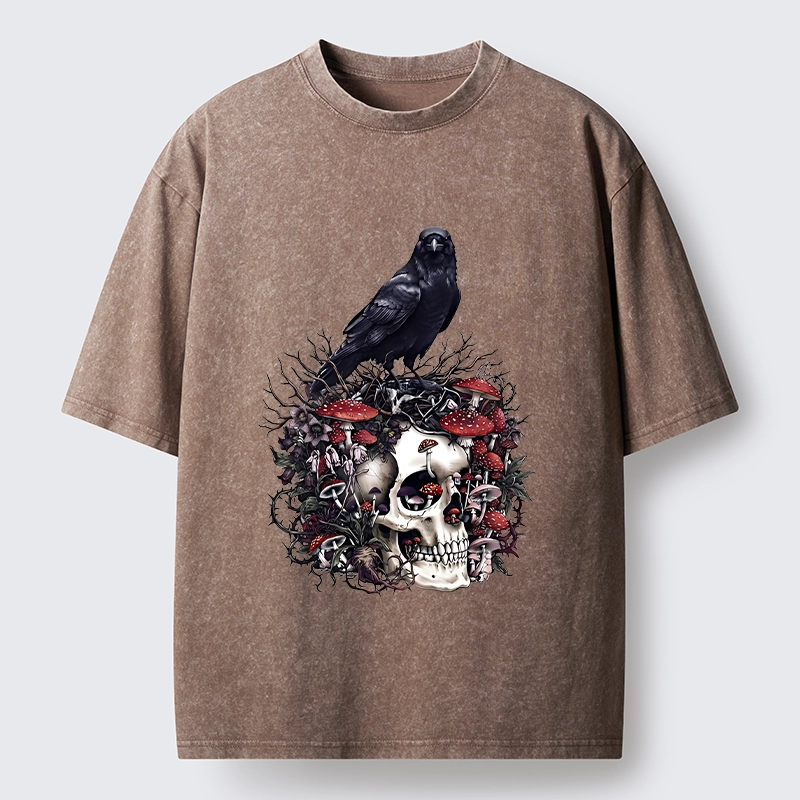 Tokyo-Tiger Crow Skull Mushroom Art Washed T-Shirt