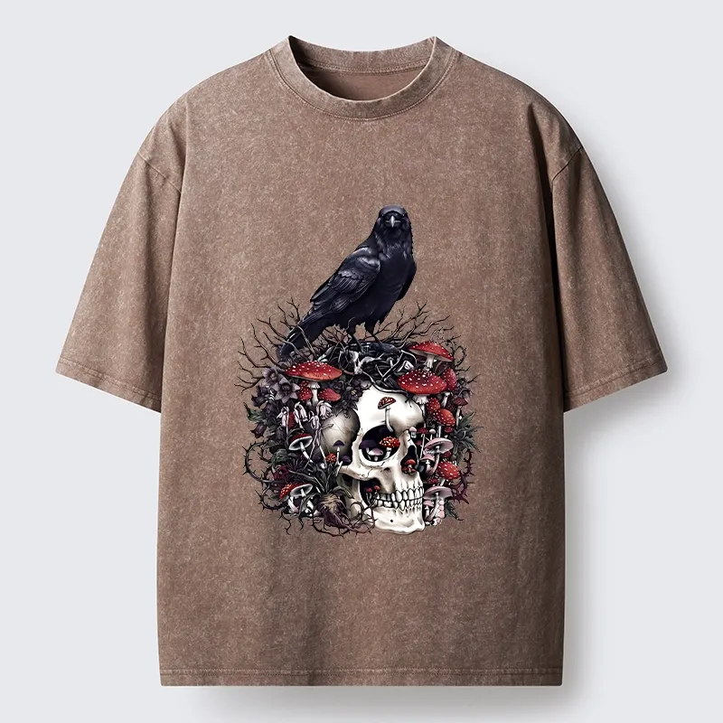 Tokyo-Tiger Crow Skull Mushroom Art Washed T-Shirt