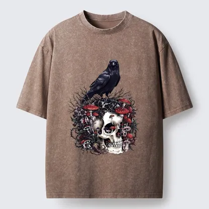 Tokyo-Tiger Crow Skull Mushroom Art Washed T-Shirt