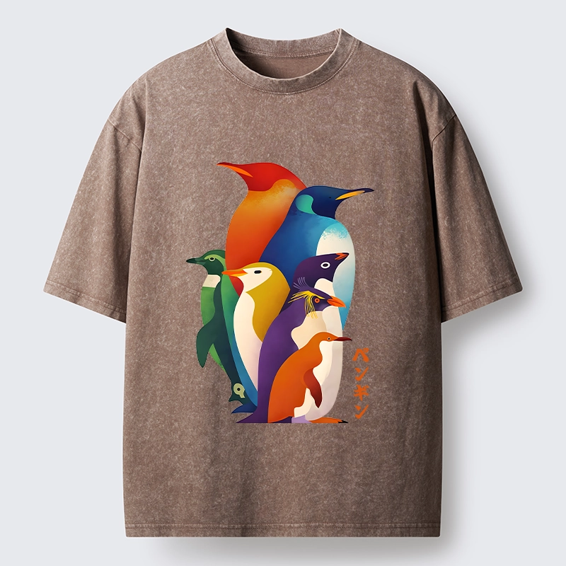 Tokyo-Tiger Cute Multi Tone Penguins Washed T-Shirt