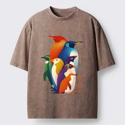 Tokyo-Tiger Cute Multi Tone Penguins Washed T-Shirt