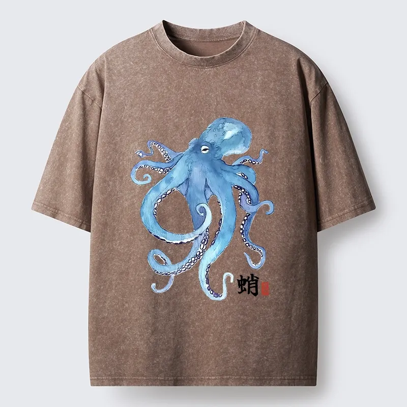 Tokyo-Tiger Watercolor Blue Octopus Washed T-Shirt