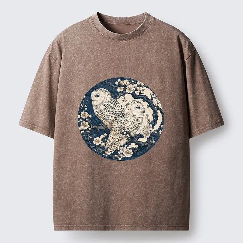 Tokyo-Tiger Snow Owl Plum Blossom Art Washed T-Shirt