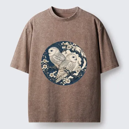 Tokyo-Tiger Snow Owl Plum Blossom Art Washed T-Shirt