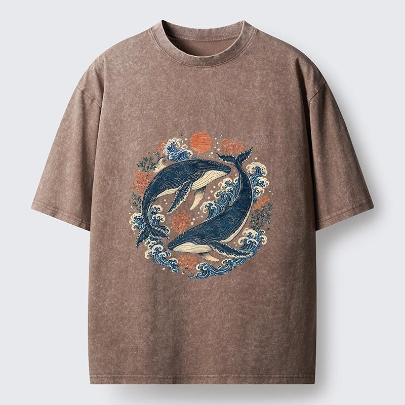 Tokyo-Tiger Twin Whale Wave Ukiyo Washed T-Shirt