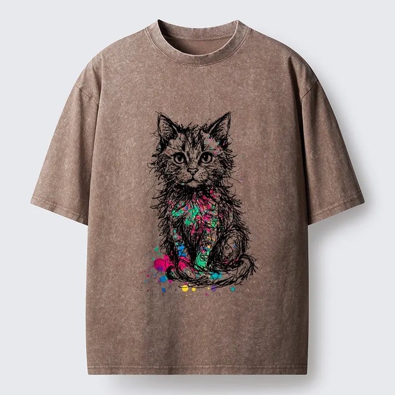 Tokyo-Tiger Splash Ink Art Cat Washed T-Shirt