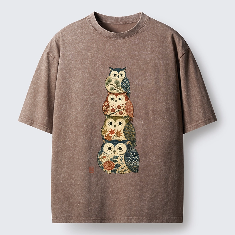 Tokyo-Tiger Stacked Floral Owls Washed T-Shirt