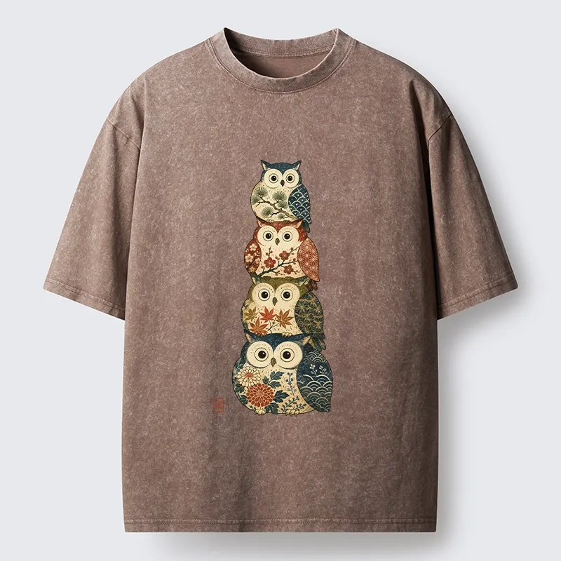 Tokyo-Tiger Stacked Floral Owls Washed T-Shirt