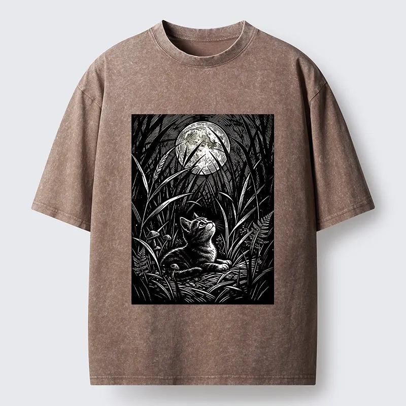 Tokyo-Tiger Woodcut Night Cat Print Washed T-Shirt