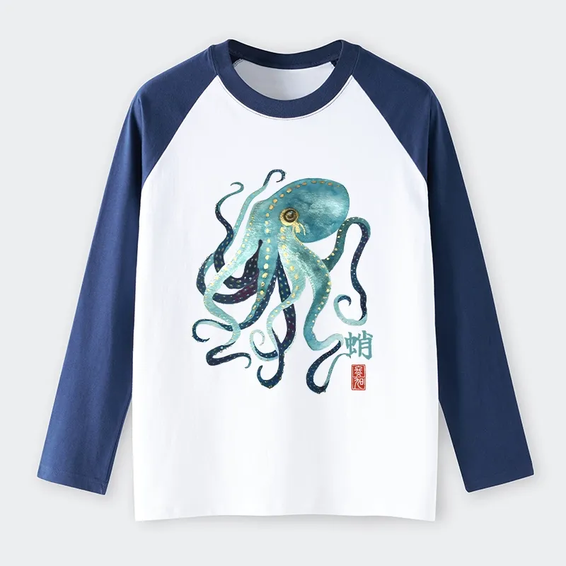 Tokyo-Tiger Soft Watercolor Octopus Japanese Art Raglan Long Sleeve T-shirt