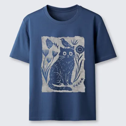 Tokyo-Tiger Folk Paper Cut Cat Bird Floral Art Classic T-Shirt