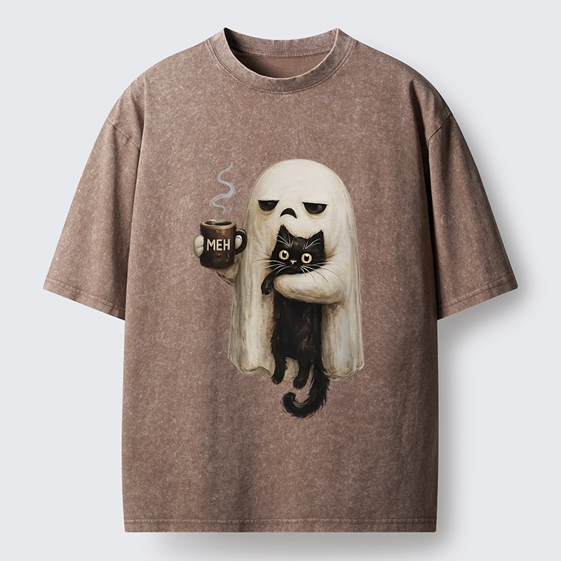 Tokyo-Tiger Ghost Cat Coffee Mood Washed T-Shirt