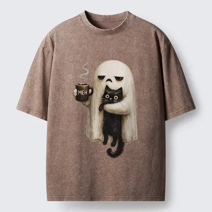 Tokyo-Tiger Ghost Cat Coffee Mood Washed T-Shirt