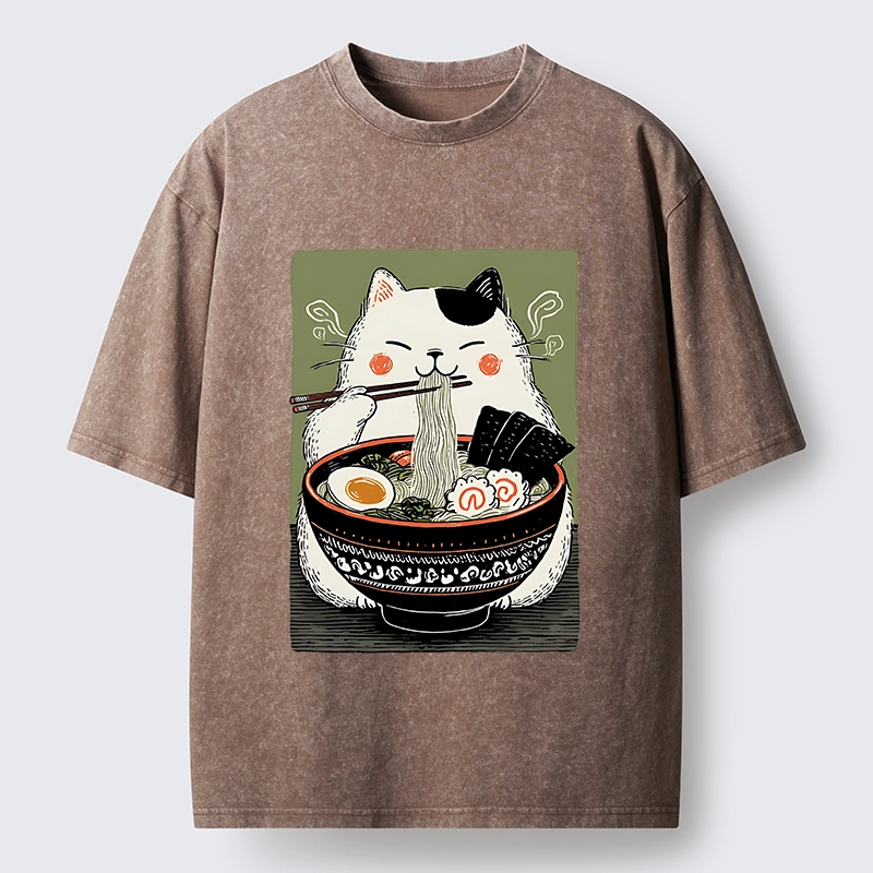 Tokyo-Tiger Cat Eating Ramen Meme Washed T-Shirt