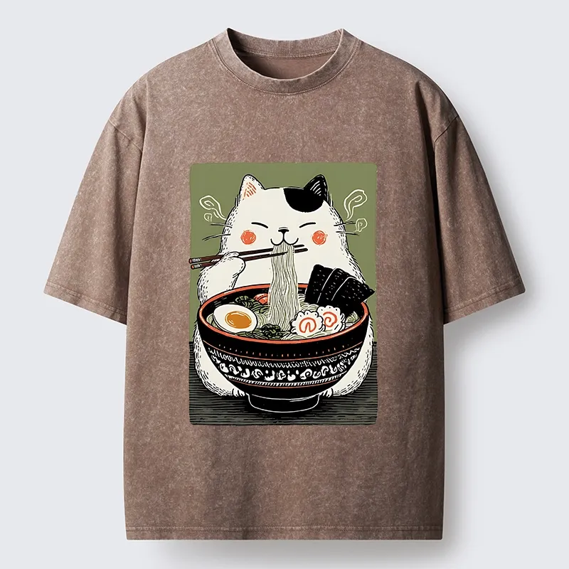 Tokyo-Tiger Cat Eating Ramen Meme Washed T-Shirt