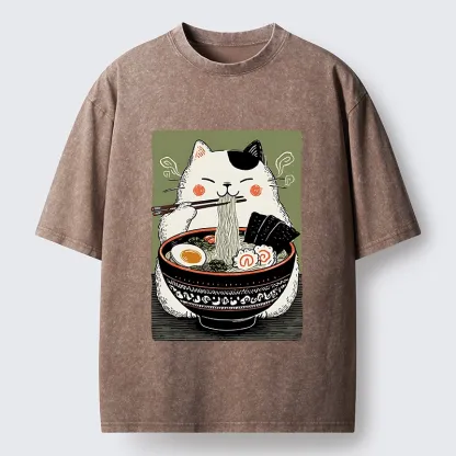 Tokyo-Tiger Cat Eating Ramen Meme Washed T-Shirt