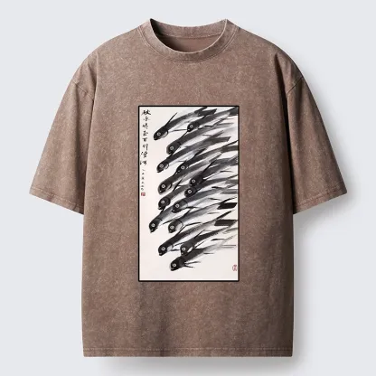 Tokyo-Tiger Ink Fish Art Washed T-Shirt