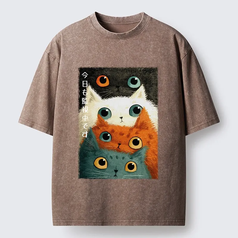 Tokyo-Tiger Watching Stacked Cats Washed T-Shirt