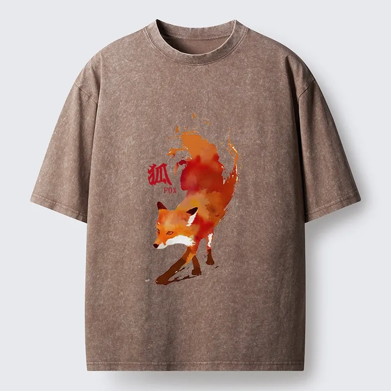 Tokyo-Tiger Watercolor Red Fox Art Washed T-Shirt