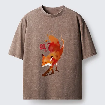 Tokyo-Tiger Watercolor Red Fox Art Washed T-Shirt