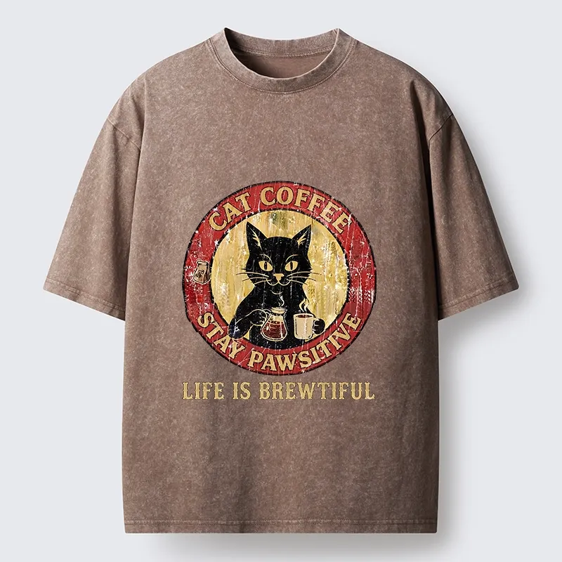 Tokyo-Tiger Cat Coffee Positive Vibes Washed T-Shirt