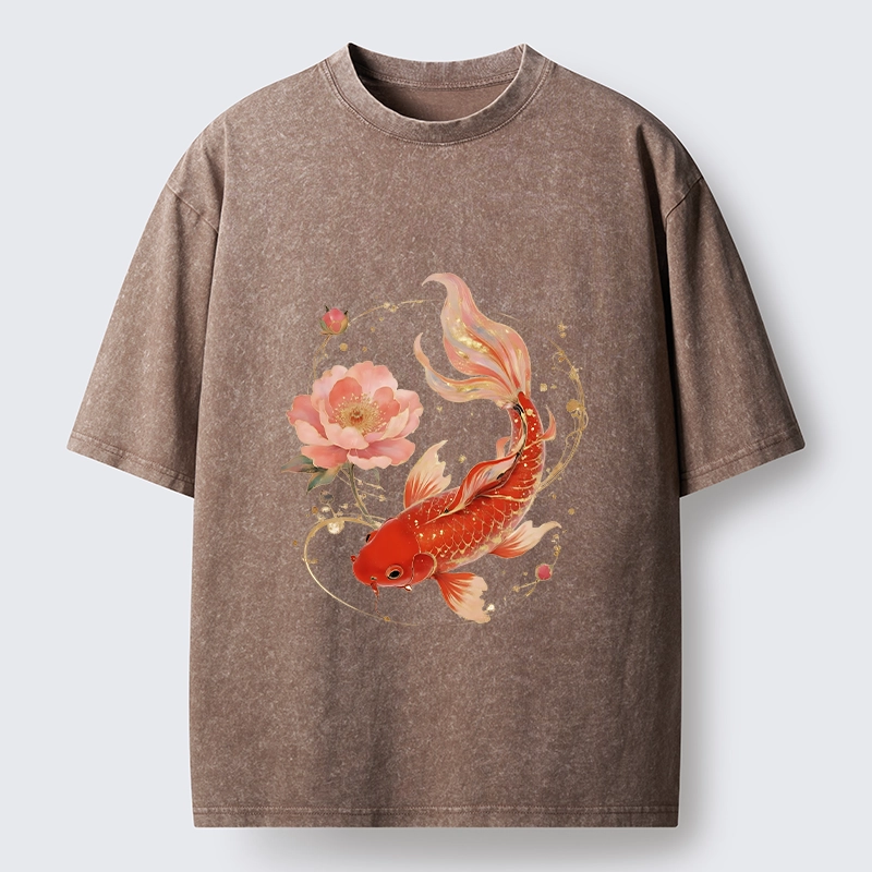 Tokyo-Tiger Lucky Koi Peony Art Washed T-Shirt