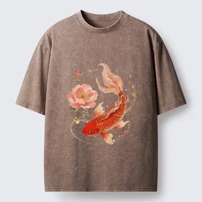 Tokyo-Tiger Lucky Koi Peony Art Washed T-Shirt