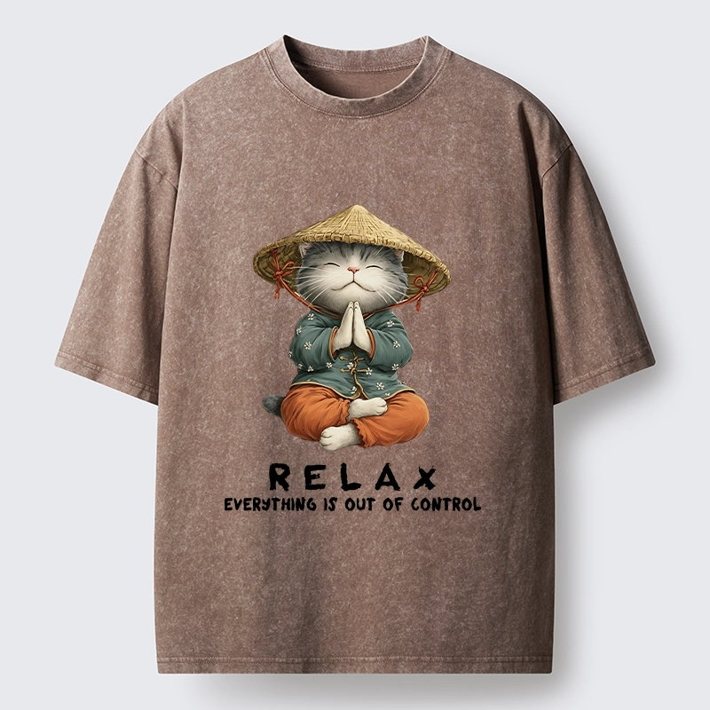 Tokyo-Tiger Zen Relax Cat Graphic Washed T-Shirt
