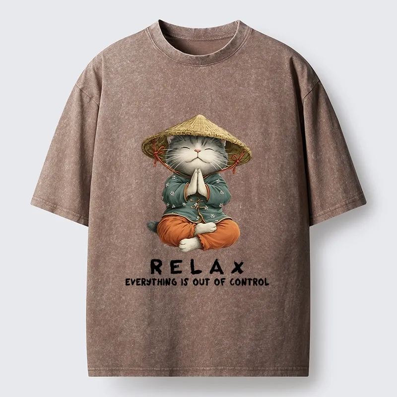 Tokyo-Tiger Zen Relax Cat Graphic Washed T-Shirt