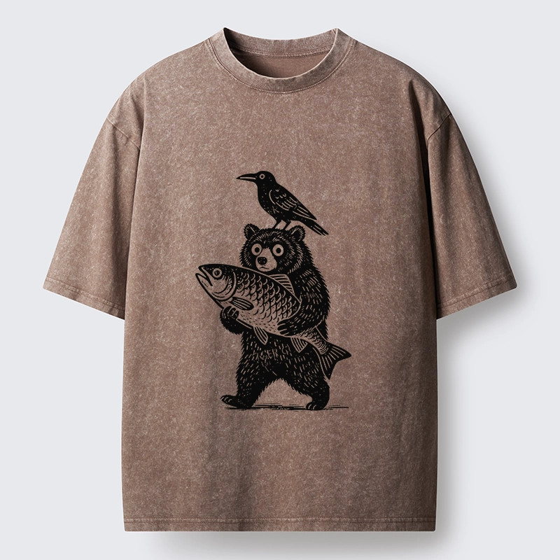 Tokyo-Tiger Bear Fish Crow Print Washed T-Shirt