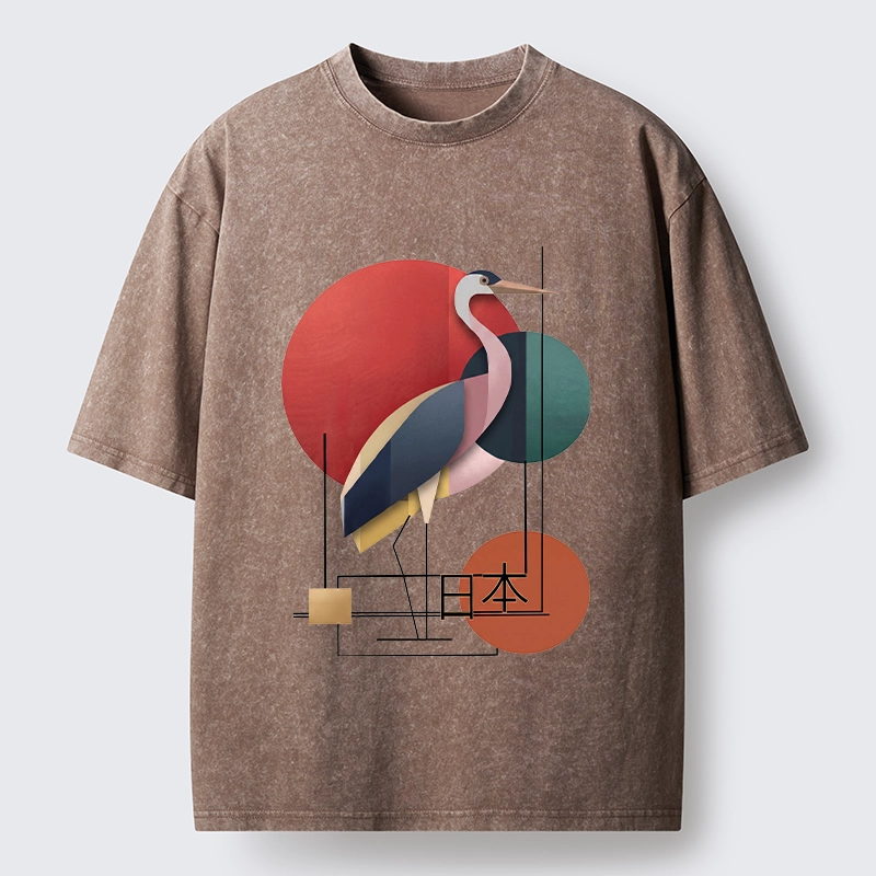 Tokyo-Tiger Geometric Crane Art Washed T-Shirt