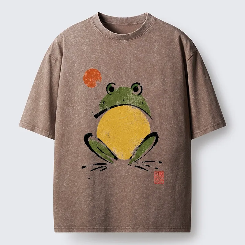 Tokyo-Tiger Ink Style Frog Art Washed T-Shirt
