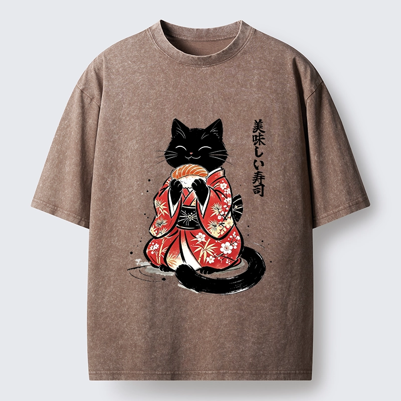 Tokyo-Tiger Sushi Loving Black Cat Washed T-Shirt