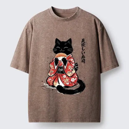 Tokyo-Tiger Sushi Loving Black Cat Washed T-Shirt